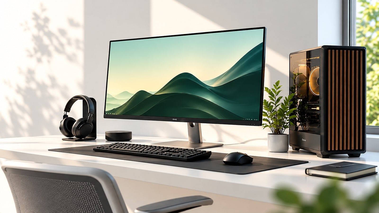 Monitor, keyboard and headphones on a bright white desk